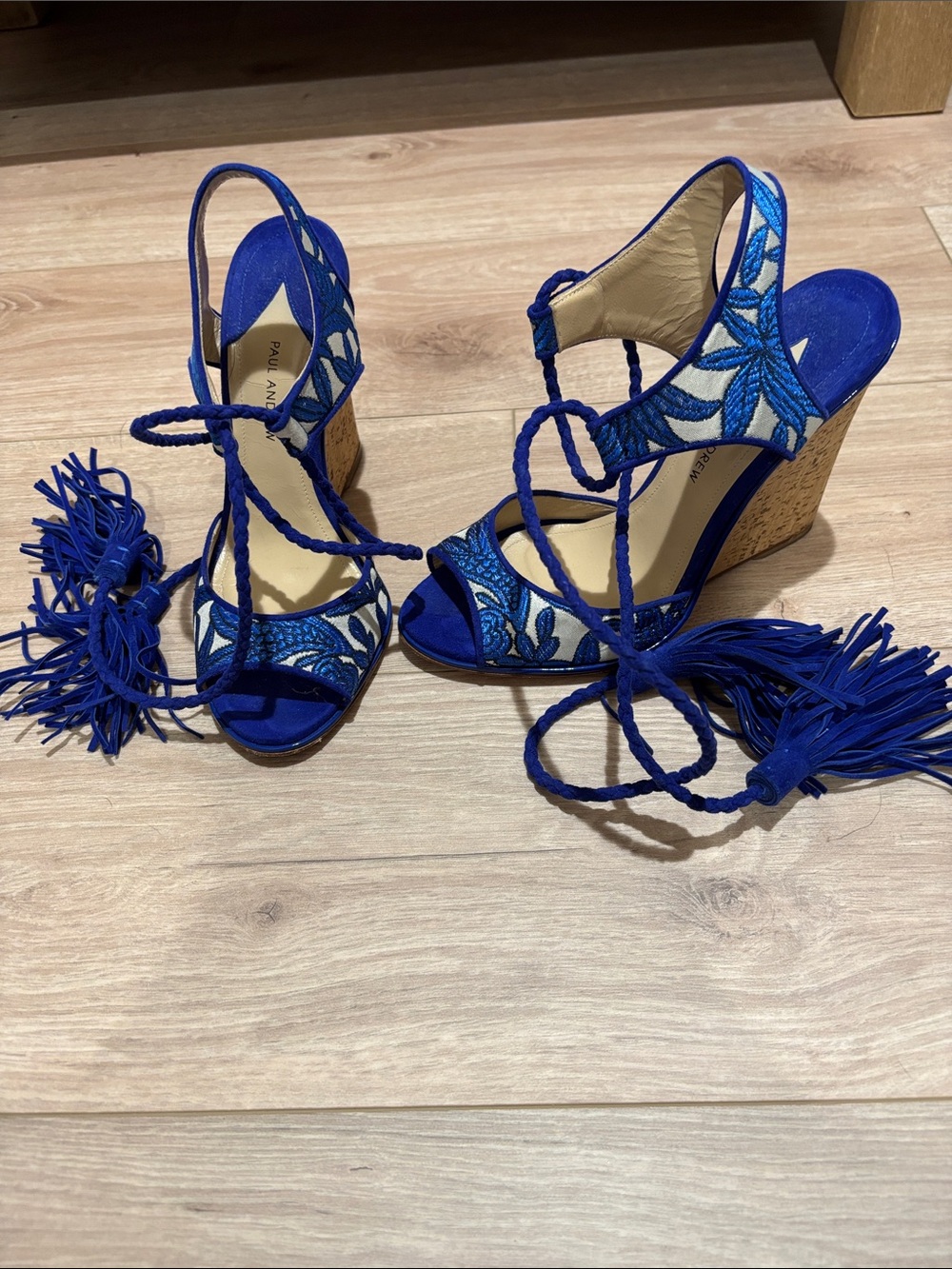 Paul Andrew Cobalt Blue Embroidered Tassel Wedge Sandals